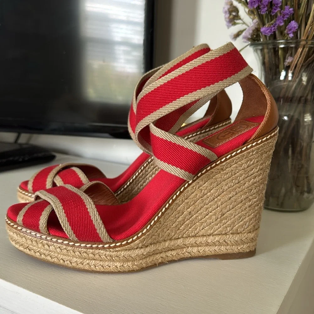 Tory Burch Red and Beige Wedge Sandals - Picture 4 of 5